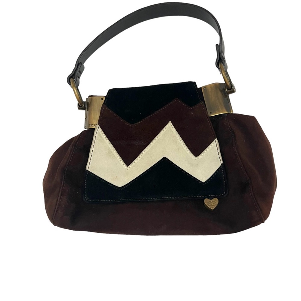 Vintage Escada Suede Purse Bronze Metal Hardware Black Brown Off White